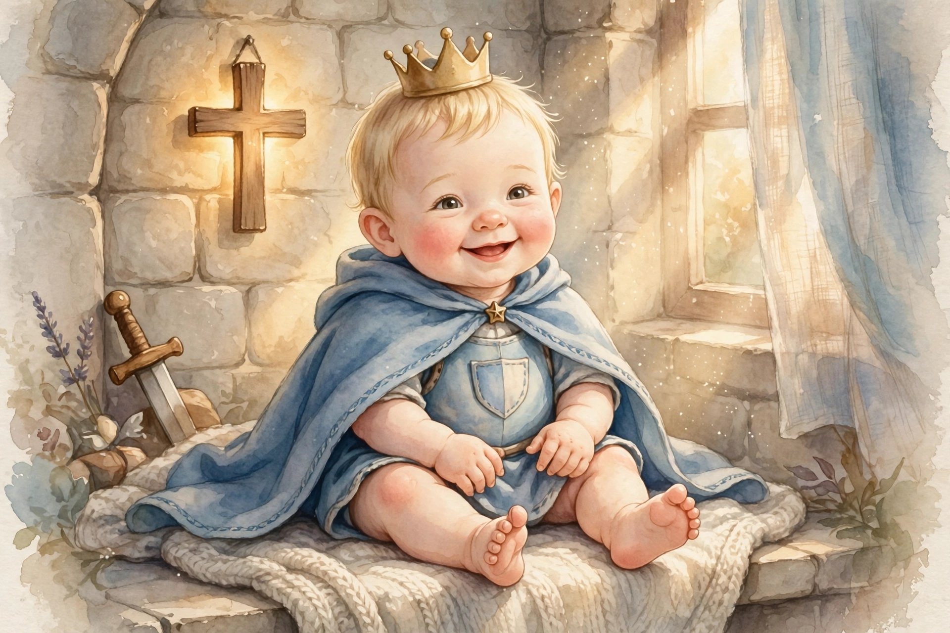 I Am a Little Baby Knight cover — a smiling baby in a blue knight's cape beneath a wooden cross