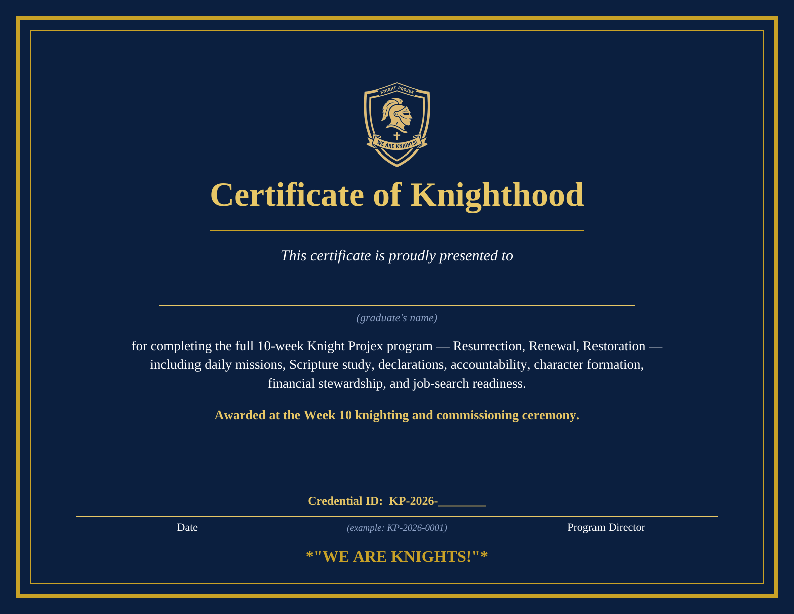 Blank sample Knight Projex Certificate of Completion with unique credential ID field