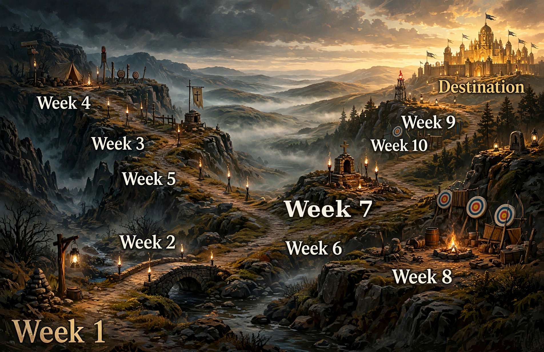 Knight Projex journey map moving through eleven weekly milestones toward a shining city