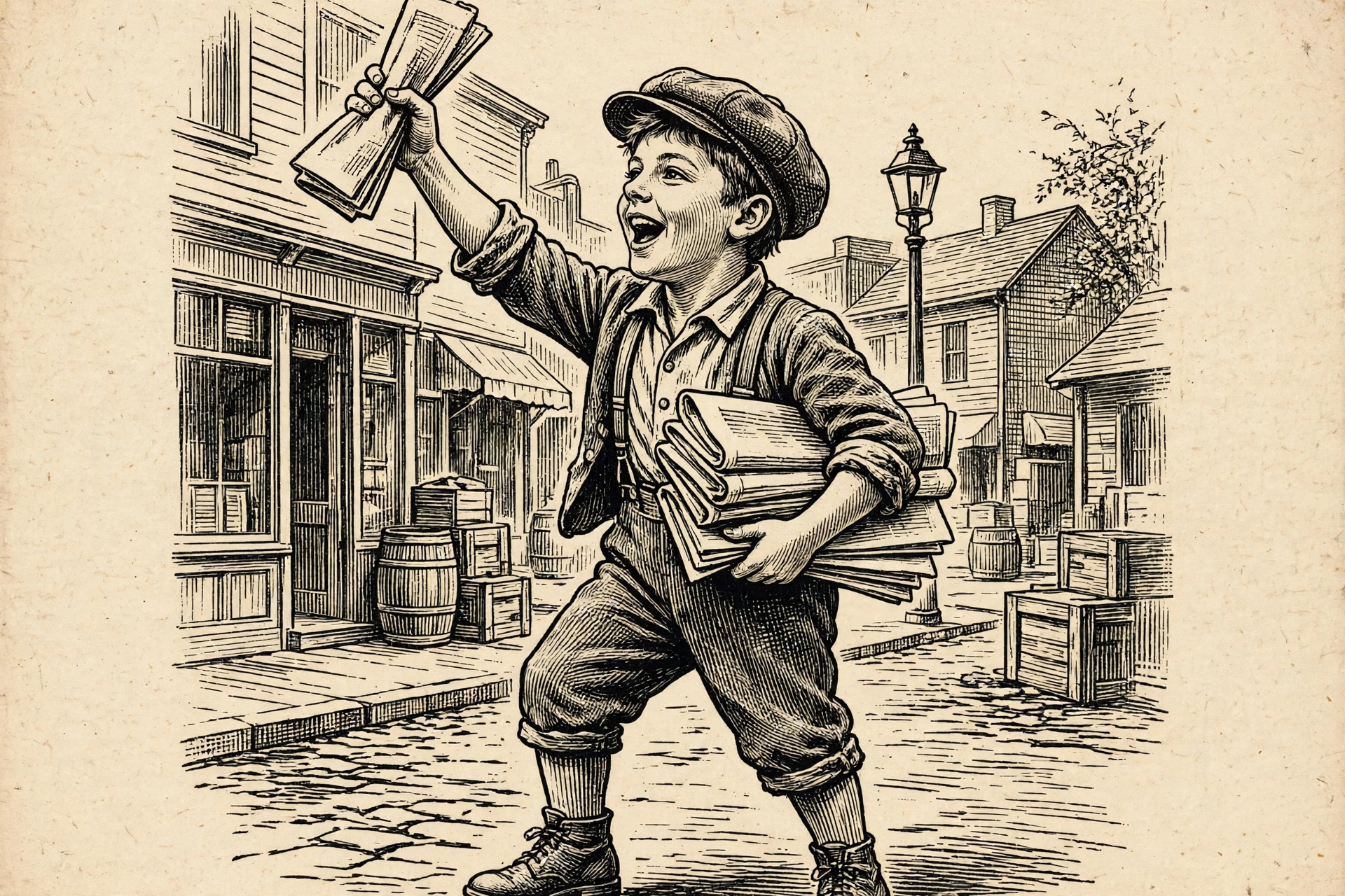 A newsboy in a flat cap holding up the morning paper and calling out the headline